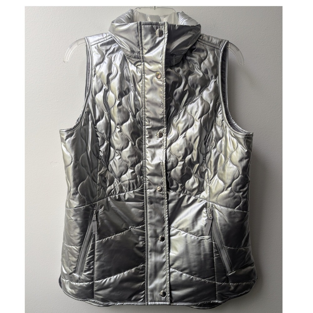 T by Talbots Puffer Vest Silver Metallic Quilted Full Zip Sz M Athleisure Layer